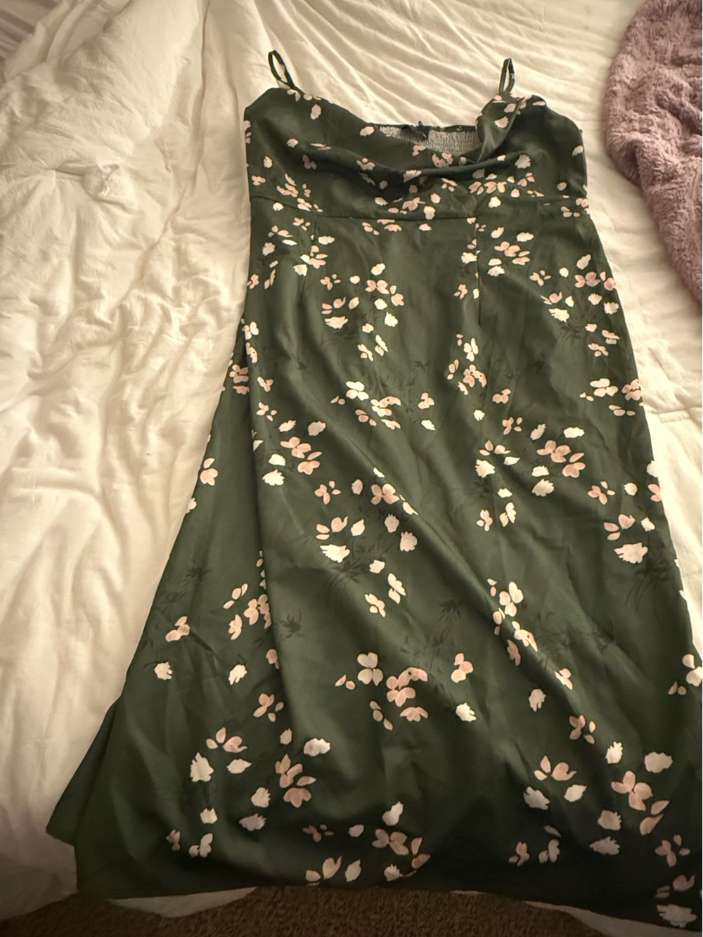 Cider Olive Green Midi Slip Dress with Blush Floral Print